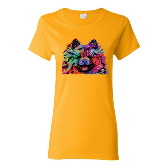 Colorful Rainbow Pomeranian Dog Animal Lover Womens Graphic T-Shirt, Gold, Small