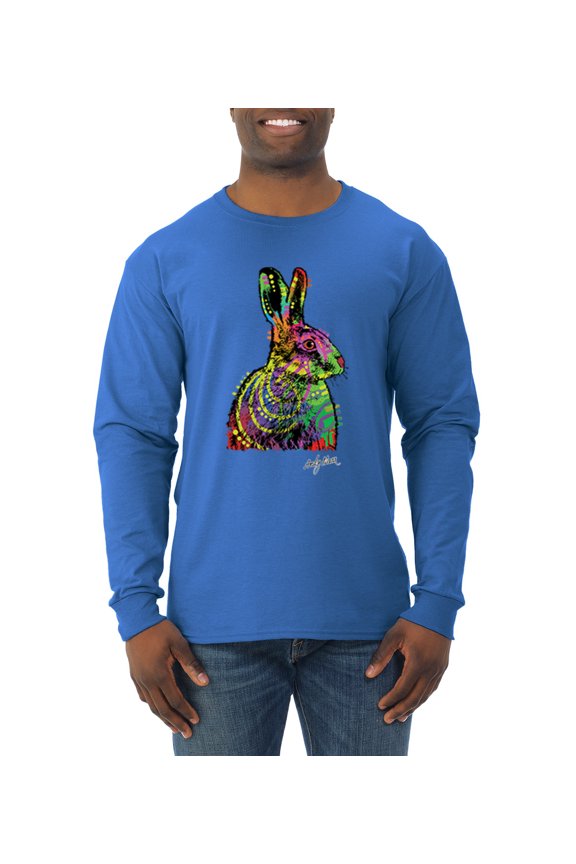 Colorful Rainbow Rabbit Animal Lover Mens Long Sleeve Shirt, Royal, Small