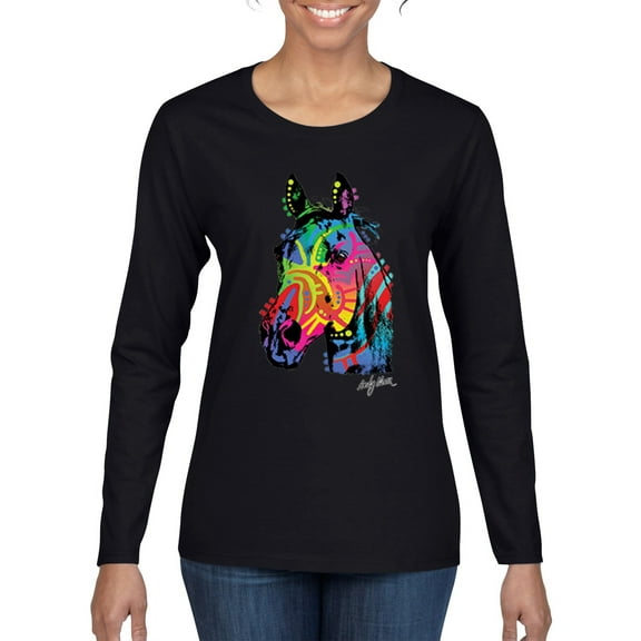 Colorful Rainbow Rabbit Animal Lover Womens Graphic Long Sleeve T-Shirt, Black, Small