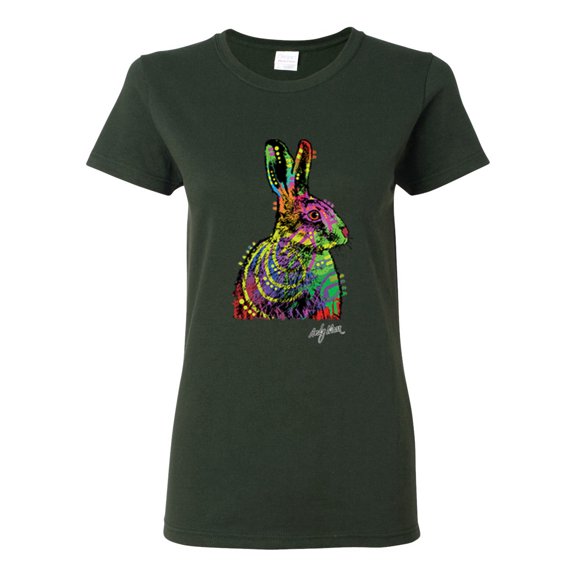 Colorful Rainbow Rabbit Animal Lover Womens Graphic T-Shirt, Forest Green, Large
