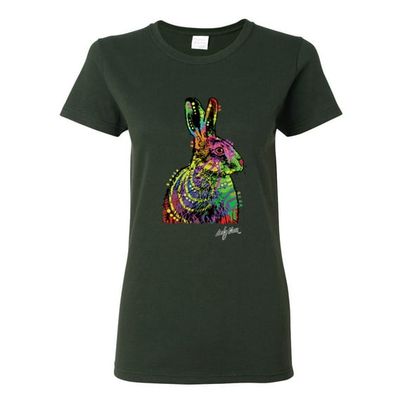 Colorful Rainbow Rabbit Animal Lover Womens Graphic T-Shirt, Forest Green, Small