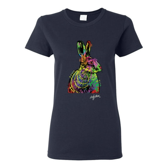 Colorful Rainbow Rabbit Animal Lover Womens Graphic T-Shirt, Navy, 3XL