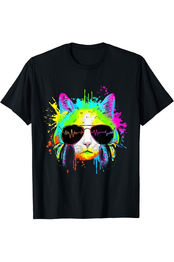 Colorful Rainbow Rave Music Dj Cat T-Shirt