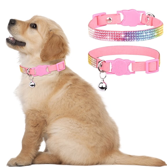Colorful Rainbow Rhinestone Microfiber Pet Collar, Quick Release Safety Breakaway Buckle With Small Bell, Adjustable Size XS/S Bling Collar For Kittens Small Puppies Cat Pet Gift
