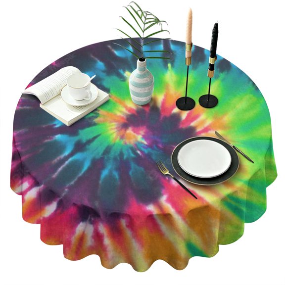 Colorful Rainbow Round Table Cloth,Wrinkle Resistant Table Cover with Polyester,Waterproof Reusable Tablecloth for Easter Birthday Picnic Wedding (Round,60x60inch)