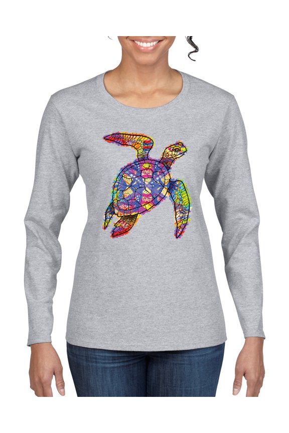 Colorful Rainbow Sea Turtle Animal Lover Womens Graphic Long Sleeve T-Shirt, Heather Grey, Small