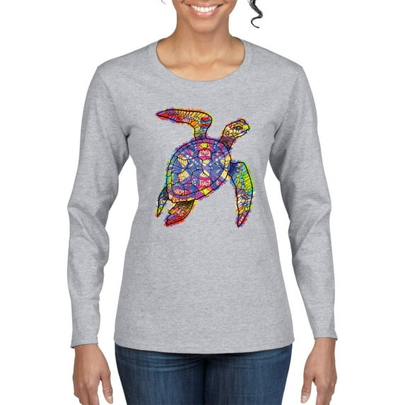 Colorful Rainbow Sea Turtle Animal Lover Womens Graphic Long Sleeve T-Shirt, Heather Grey, X-Large