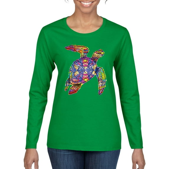 Colorful Rainbow Sea Turtle Animal Lover Womens Graphic Long Sleeve T-Shirt, Kelly, 2XL