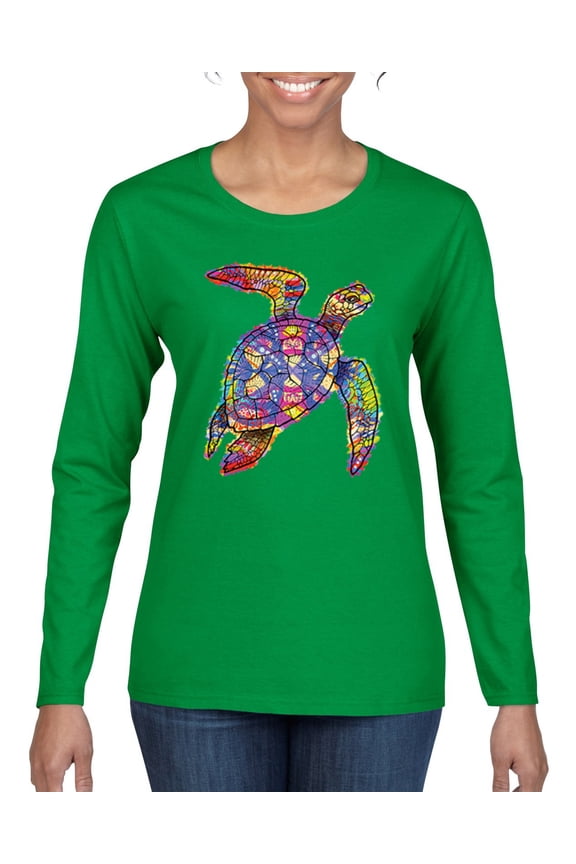 Colorful Rainbow Sea Turtle Animal Lover Womens Graphic Long Sleeve T-Shirt, Kelly, Large