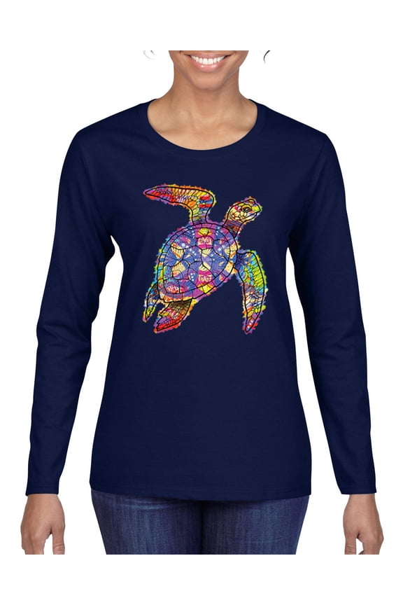 Colorful Rainbow Sea Turtle Animal Lover Womens Graphic Long Sleeve T-Shirt, Navy, 2XL