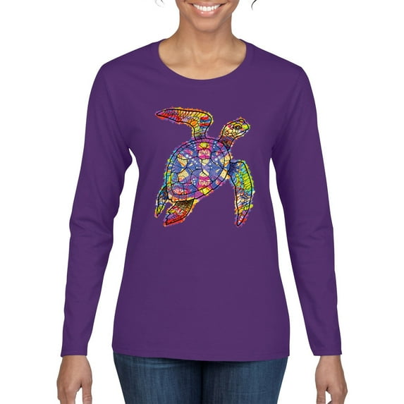 Colorful Rainbow Sea Turtle Animal Lover Womens Graphic Long Sleeve T-Shirt, Purple, Small