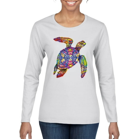 Colorful Rainbow Sea Turtle Animal Lover Womens Graphic Long Sleeve T-Shirt, White, 2XL