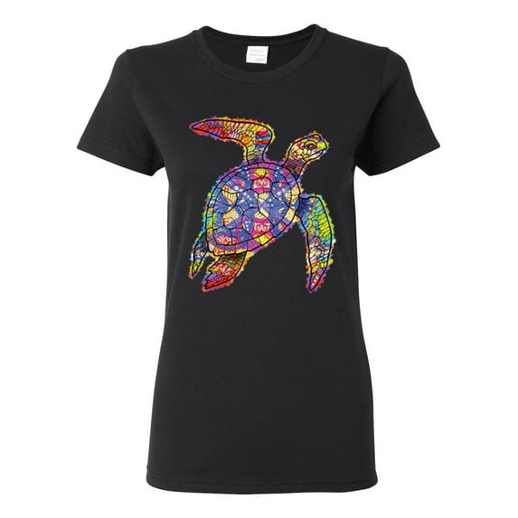 Colorful Rainbow Sea Turtle Animal Lover Womens Graphic T-Shirt, Black, Small