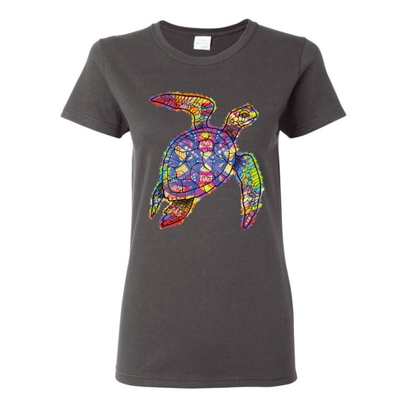 Colorful Rainbow Sea Turtle Animal Lover Womens Graphic T-Shirt, Charcoal, 3XL