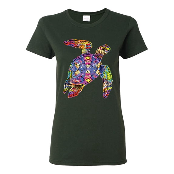 Colorful Rainbow Sea Turtle Animal Lover Womens Graphic T-Shirt, Forest Green, 2XL