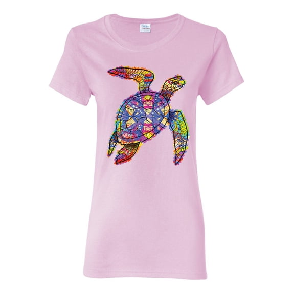 Colorful Rainbow Sea Turtle Animal Lover Womens Graphic T-Shirt, Light Pink, Small