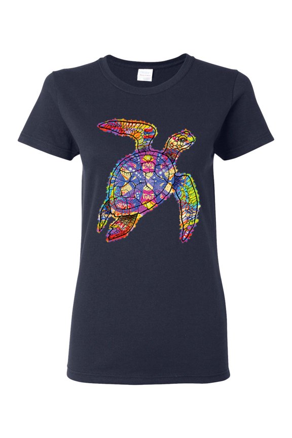 Colorful Rainbow Sea Turtle Animal Lover Womens Graphic T-Shirt, Navy, 3XL