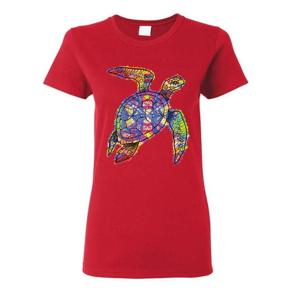Colorful Rainbow Sea Turtle Animal Lover Womens Graphic T-Shirt, Red, Medium