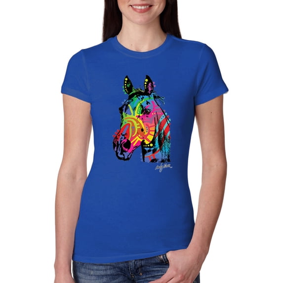 Neon Rainbow Horse Animal Lover Womens Slim Fit Junior Tee, Royal, Large