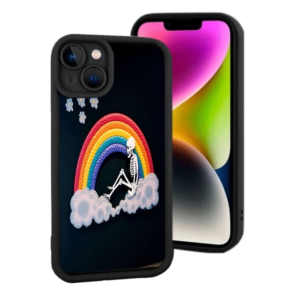 Colorful Rainbow & Skeleton Cloud Design - Lightweight Yellowing Resistant iPhone 15 Case - Unique Floral Accents