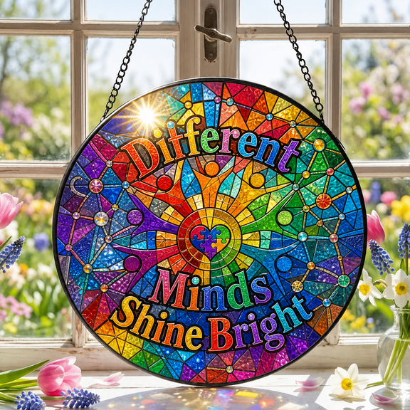 Colorful Rainbow Stained Glass Suncatcher - Different Minds Shine Bright Window Hanging
