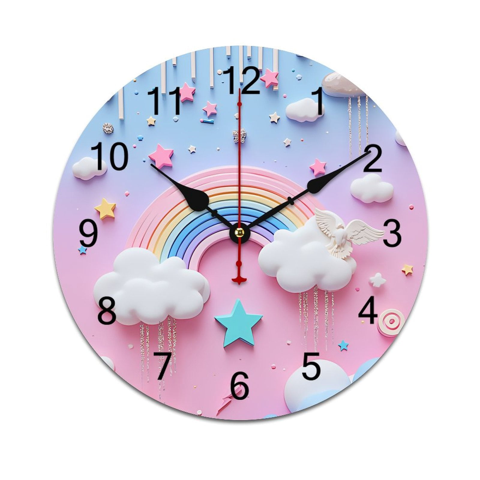 Colorful Rainbow Star Castle Printed Silent Wall Clock Round Kitchen ...