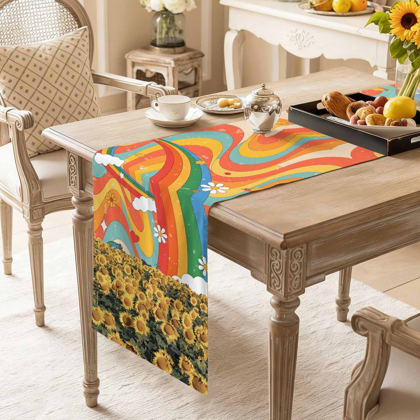 Assorted Table Runners Colorful Rainbow Stripe Planet Table Runner 13x60in Non-Slip Cotton ...