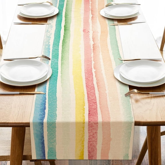 Colorful Rainbow Striped Dining Table Runner, Watercolor Burlap Kitchen Decoration, Indoor Outdoor Home Decor Party Supply 13.8 x 108 Inches