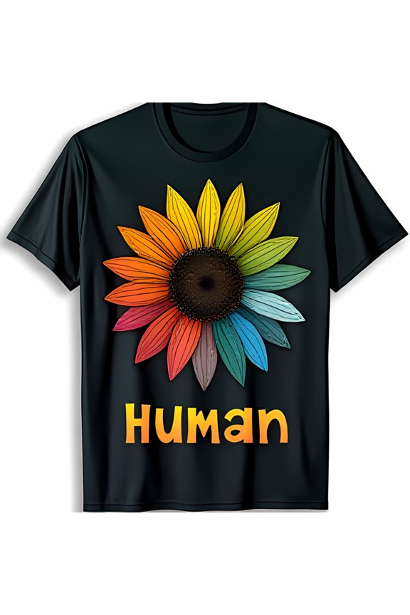 Colorful Rainbow Sunflower Graphic Black T-Shirt with Human Text Soft Casual Wear