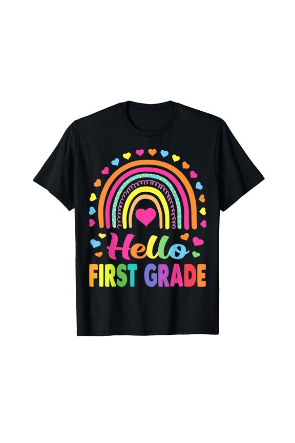 Colorful Rainbow Team Hello 1st Grade Rocks Squad T-Shirt for Classroom Excitement