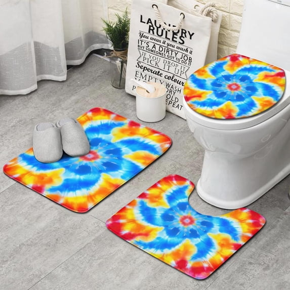 Colorful Rainbow Tie Dye Spiral Pattern Bathroom Rugs Sets 3 Piece,Toilet Cover Set,Absorbent Non Slip Bathroom Mats Sets with U-Shaped Contour Rug Toilet Rug Set