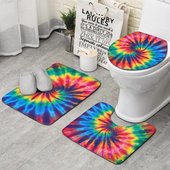 Colorful Rainbow Tie Dye Spiral Pattern Bathroom Rugs Sets 3 Piece,Toilet Cover Set,Absorbent Non Slip Bathroom Mats Sets with U-Shaped Contour Rug Toilet Rug Set