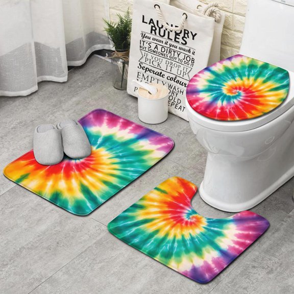 Colorful Rainbow Tie Dye Spiral Pattern Bathroom Rugs Sets 3 Piece,Toilet Cover Set,Absorbent Non Slip Bathroom Mats Sets with U-Shaped Contour Rug Toilet Rug Set