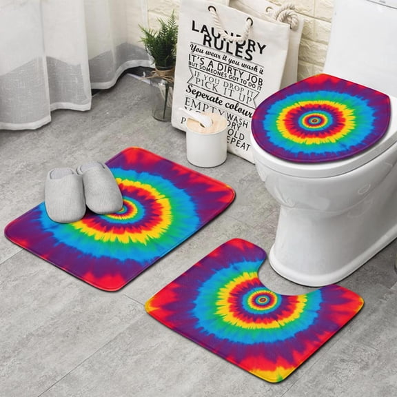 Colorful Rainbow Tie Dye Spiral Pattern Bathroom Rugs Sets 3 Piece,Toilet Cover Set,Absorbent Non Slip Bathroom Mats Sets with U-Shaped Contour Rug Toilet Rug Set