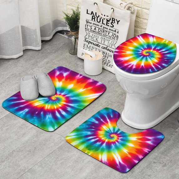 Colorful Rainbow Tie Dye Spiral Pattern Bathroom Rugs Sets 3 Piece,Toilet Cover Set,Absorbent Non Slip Bathroom Mats Sets with U-Shaped Contour Rug Toilet Rug Set