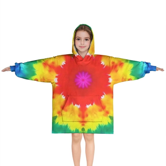 Colorful Rainbow Tie Dye Spiral Pattern Blanket Hoodies for Kids 6-13YR Oversize Wearable Blanket Hoodies for Boys Girls Teens