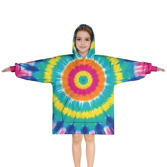 Colorful Rainbow Tie Dye Spiral Pattern Blanket Hoodies for Kids 6-13YR Oversize Wearable Blanket Hoodies for Boys Girls Teens