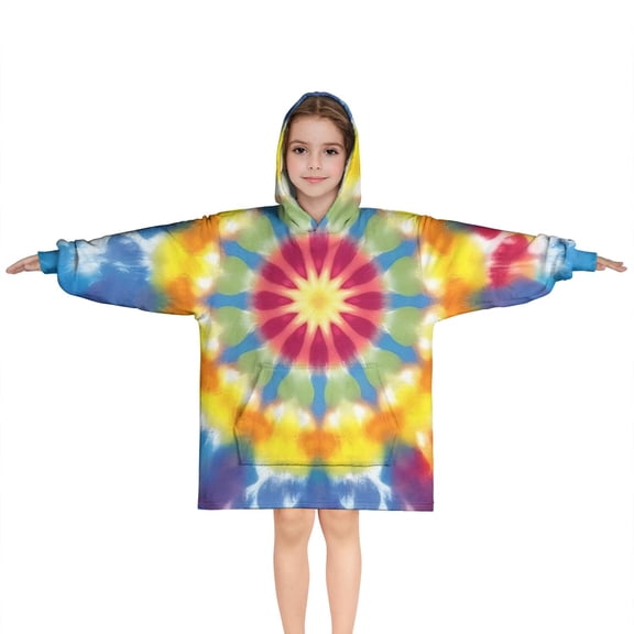 Colorful Rainbow Tie Dye Spiral Pattern Blanket Hoodies for Kids 6-13YR Oversize Wearable Blanket Hoodies for Boys Girls Teens