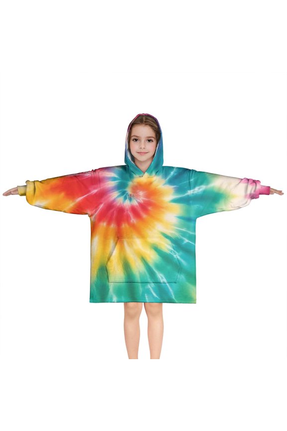 Colorful Rainbow Tie Dye Spiral Pattern Blanket Hoodies for Kids 6-13YR Oversize Wearable Blanket Hoodies for Boys Girls Teens