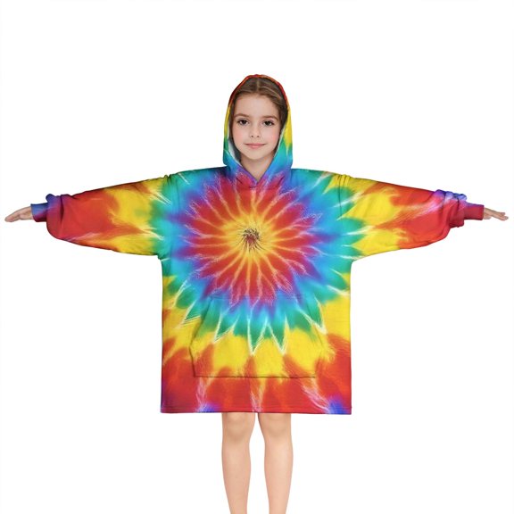 Colorful Rainbow Tie Dye Spiral Pattern Blanket Hoodies for Kids 6-13YR Oversize Wearable Blanket Hoodies for Boys Girls Teens