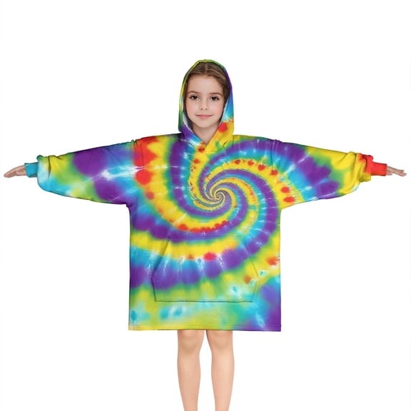 Colorful Rainbow Tie Dye Spiral Pattern Blanket Hoodies for Kids 6-13YR Oversize Wearable Blanket Hoodies for Boys Girls Teens