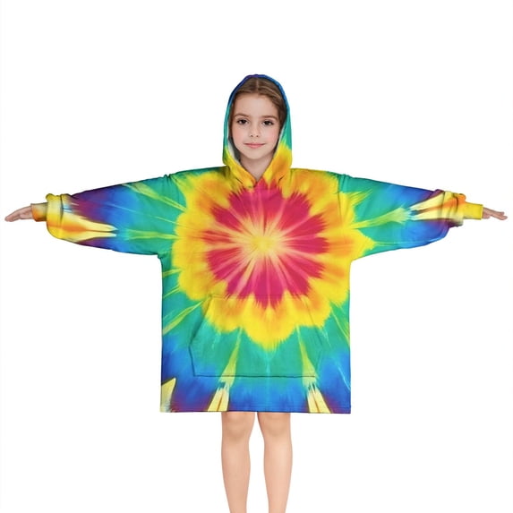 Colorful Rainbow Tie Dye Spiral Pattern Blanket Hoodies for Kids 6-13YR Oversize Wearable Blanket Hoodies for Boys Girls Teens