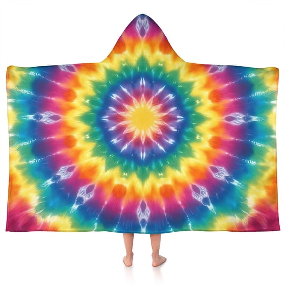 Colorful Rainbow Tie Dye Spiral Pattern Hooded Bath Towel，50"x30" for Ages 3 To 12 Kids, Quick Dry Lightweight Soft Microfiber Hood Beach Towel Cover Up for Kids