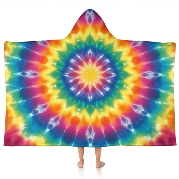 Colorful Rainbow Tie Dye Spiral Pattern Hooded Bath Towel,50"x30" for Ages 3 To 12 Kids, Quick Dry Lightweight Soft Microfiber Hood Beach Towel Cover Up for Kids