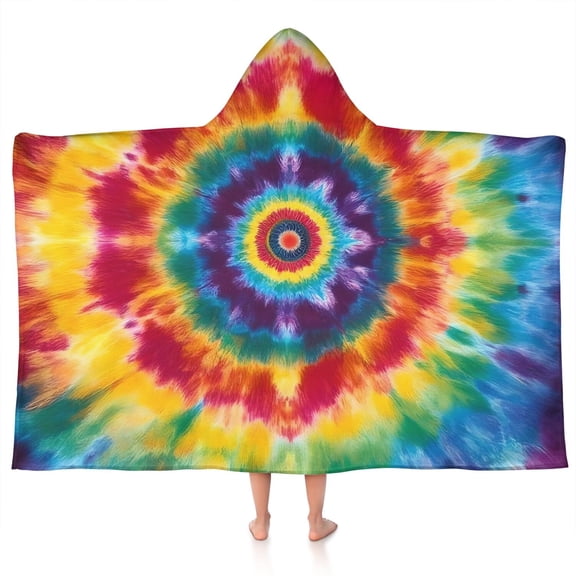 Colorful Rainbow Tie Dye Spiral Pattern Hooded Bath Towel，50"x30" for Ages 3 To 12 Kids, Quick Dry Lightweight Soft Microfiber Hood Beach Towel Cover Up for Kids