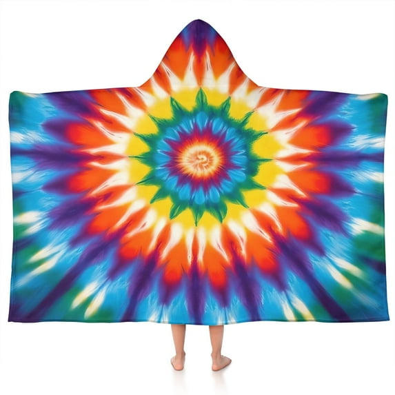 Colorful Rainbow Tie Dye Spiral Pattern Hooded Bath Towel,50"x30" for Ages 3 To 12 Kids, Quick Dry Lightweight Soft Microfiber Hood Beach Towel Cover Up for Kids