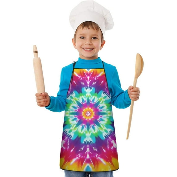 Colorful Rainbow Tie Dye Spiral Pattern Kids Aprons for Girls and Boys,Adjustable Neck Strap Toddler Aprons for Kids Cooking Baking