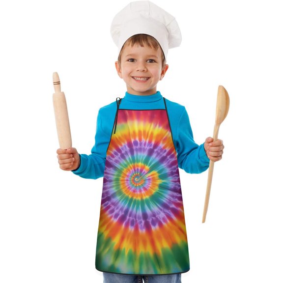 Colorful Rainbow Tie Dye Spiral Pattern Kids Aprons for Girls and Boys,Adjustable Neck Strap Toddler Aprons for Kids Cooking Baking