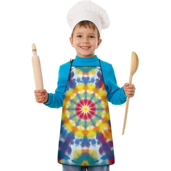 Colorful Rainbow Tie Dye Spiral Pattern Kids Aprons for Girls and Boys,Adjustable Neck Strap Toddler Aprons for Kids Cooking Baking