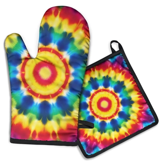 Colorful Rainbow Tie Dye Spiral Pattern Kitchen Oven Mitt and Pot Holder Sets 2 Pcs for Baking, Cooking and Grilling, Heat Resistant Up To 392 °F